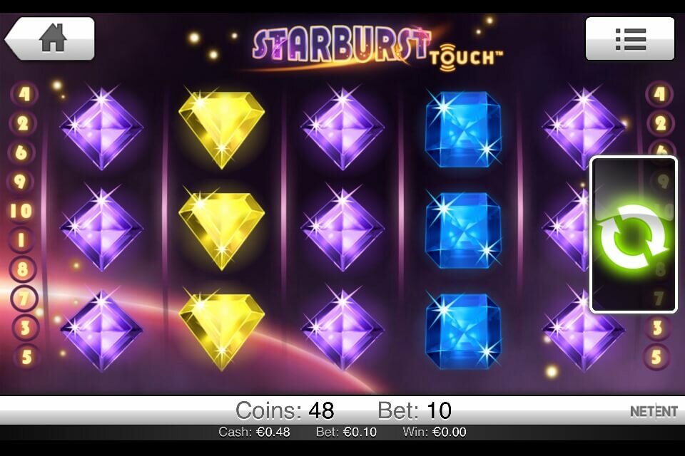 888 casino App Test: Screenshot vom iPhone der Slotmachine Starburst