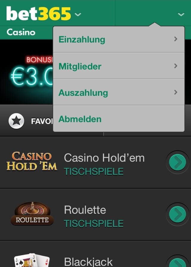 bet365 Casino App Test: Das Menü könnt Ihr in der Lobby öffnen