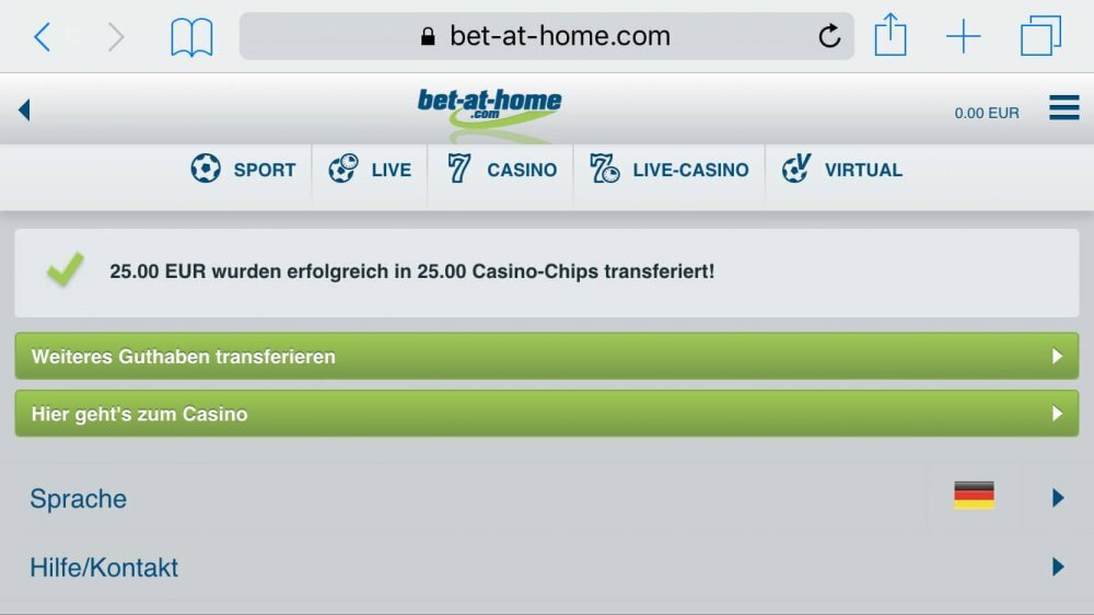 bet at home kasse - geld transferieren